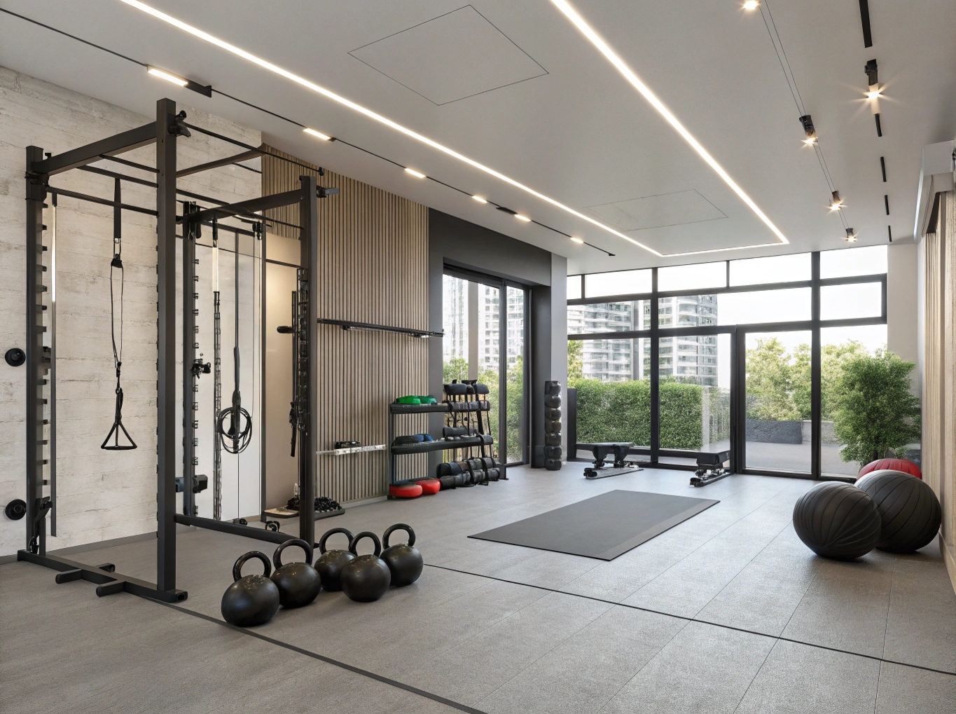Modern interieur van Kerandria fitness studio met professionele apparatuur